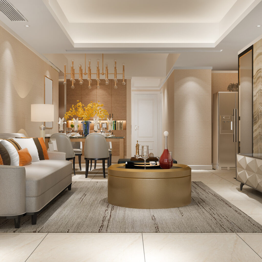 3d rendering modern dining room and living room with luxury decor